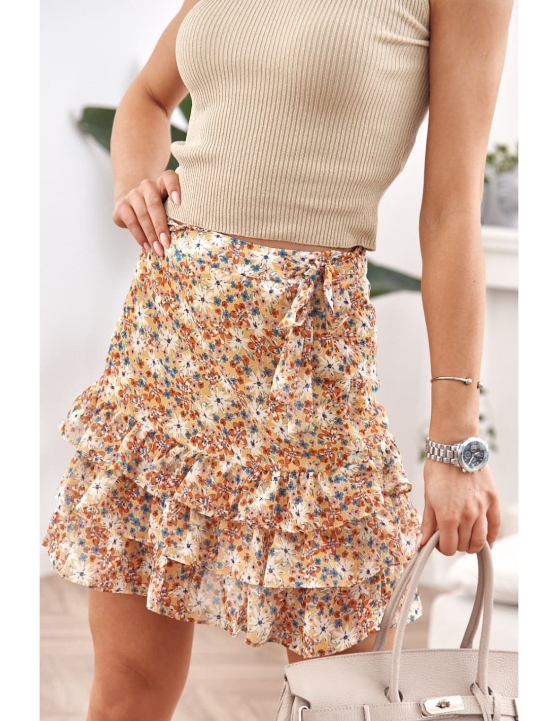 Floral skirt with a tie on the side, yellow MP803880 - Online store - Boutique